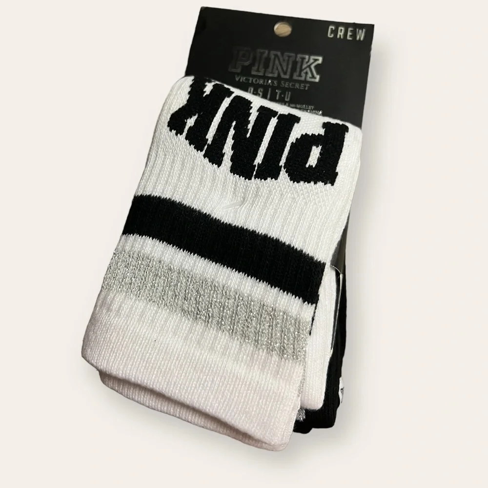 Victoria’s Secret PINK Crew Socks 2pk Black w Silver Dots, White